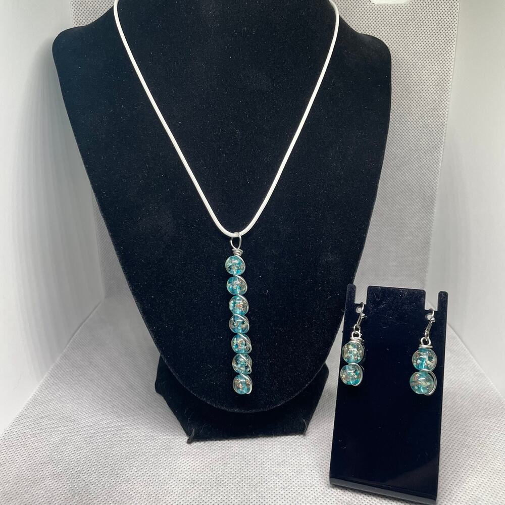 Blue Firefly Beads Wrapped With Copper-core Wire Necklace & Earring Set